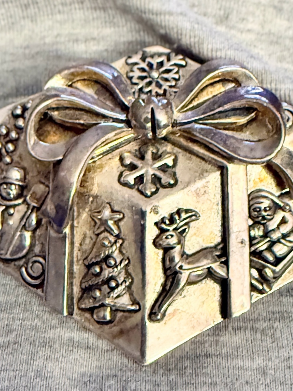 Vintage Signed LJM Christmas Present Brooch Pendant | Hexagonal Gift Box Pin